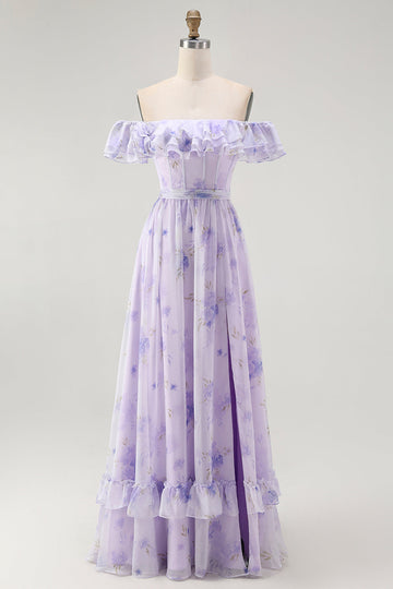 Lavender Floral Ruffled Off The Shoulder A Line Bridesmaid Dress